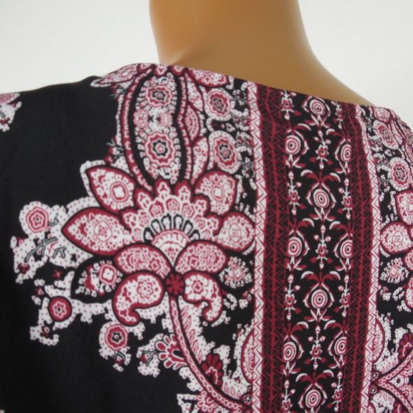 DRESSBARN Top L Tunic Blouse Red/Black Print Stretch V-Neck 3/4 Asymmetric Slvs - Picture 9 of 11